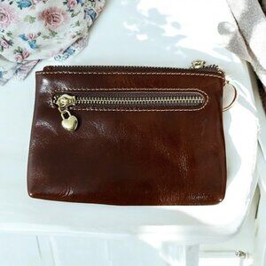 Small Brown‎ Dual Zipper Leather Coin Purse With Gold Heart Zipper Pull